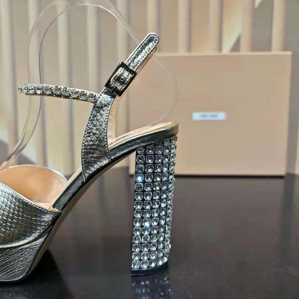 GIÀY Miu Miu Women Lizard-print Leather Platform Sandals-Gold