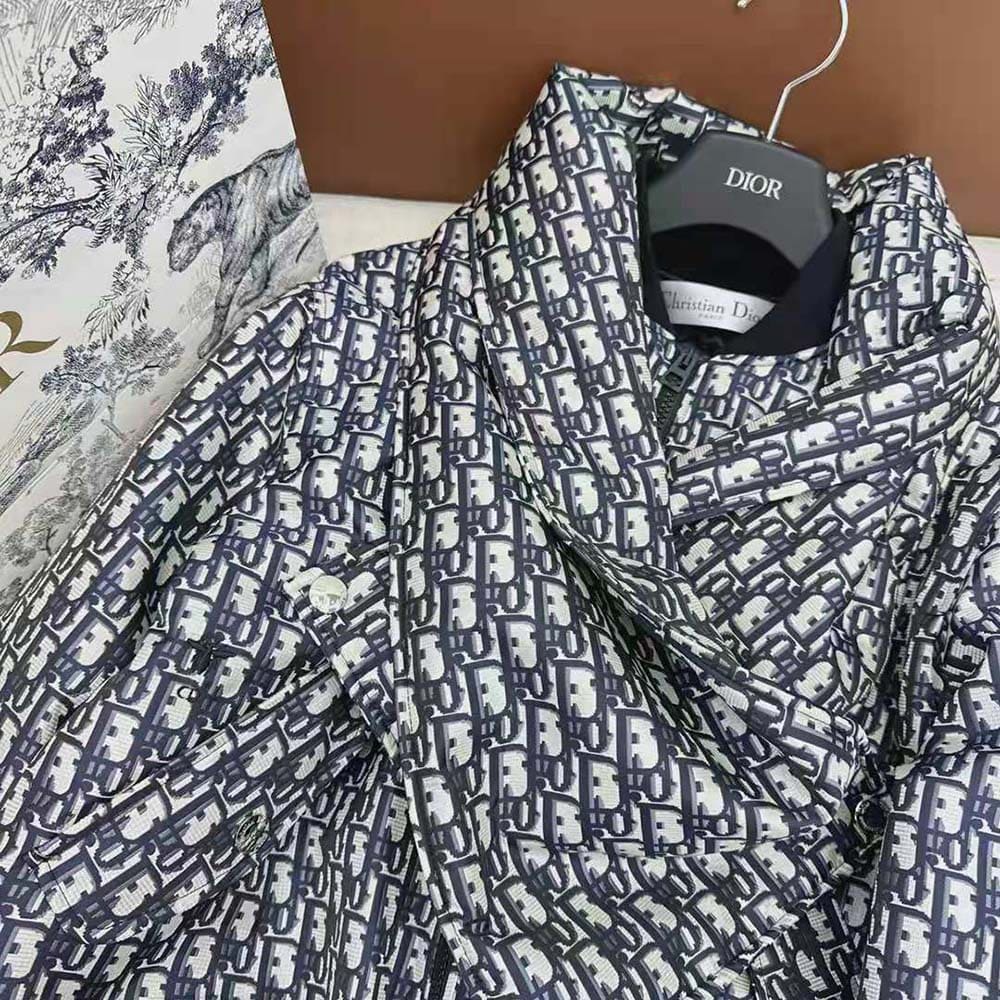 ÁO Dior Women Bomber Jacket with Criss Cross Collar Blue and Ecru Technical Taffeta Jacquard