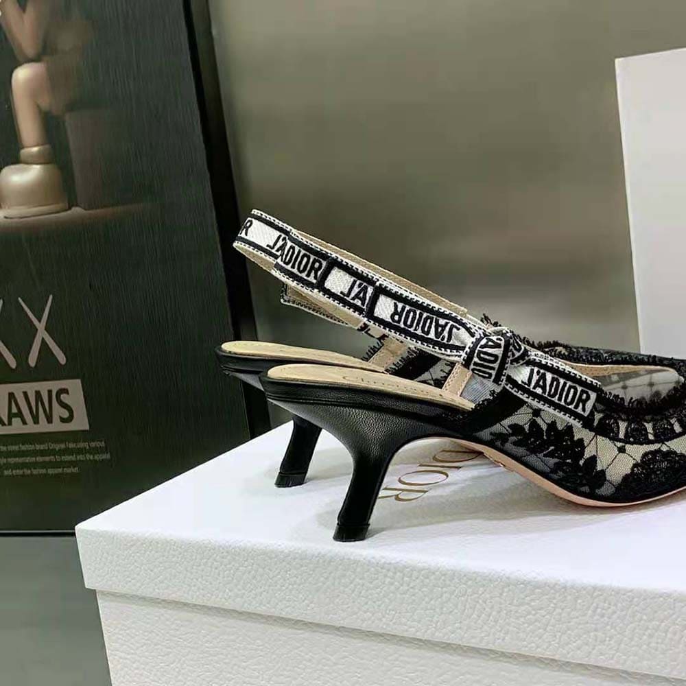 GIÀY Dior Women J’Adior Slingback Pump Black Transparent Mesh Embroidered with Dior Roses Motif