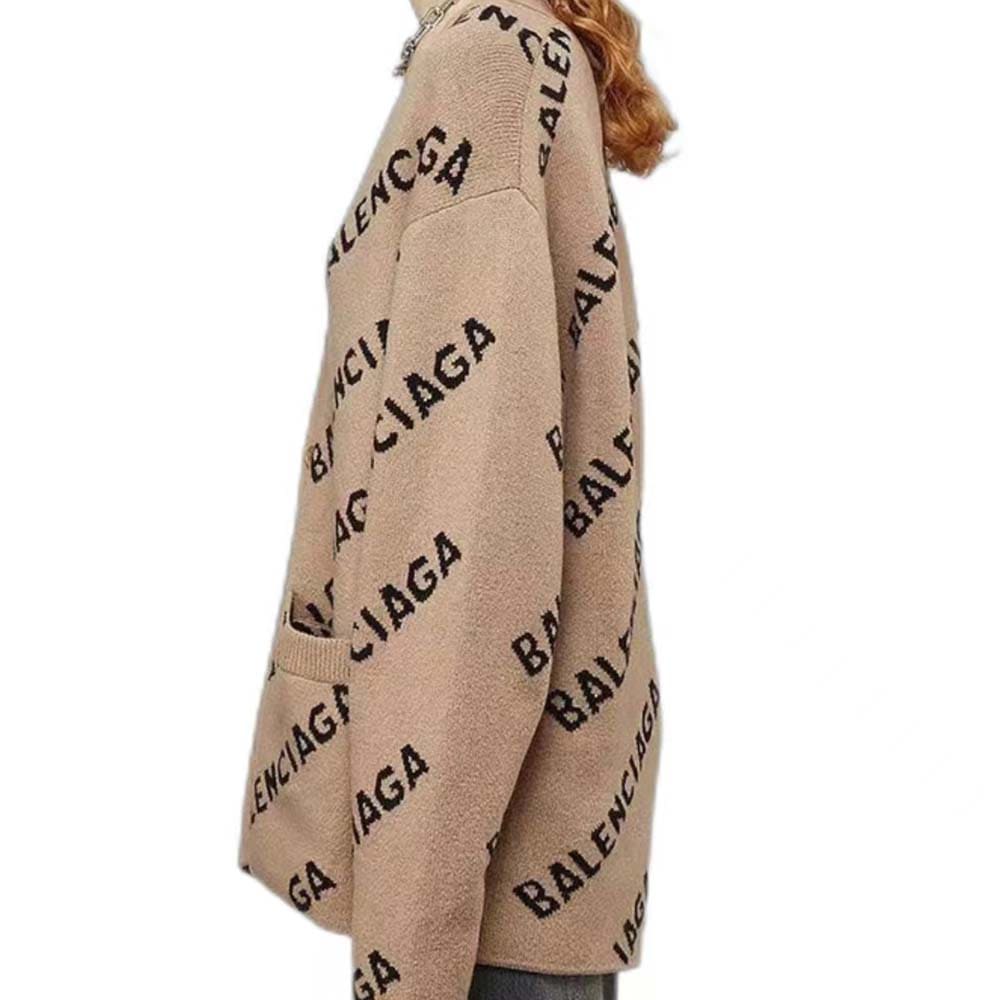 ÁO Balenciaga Women Mini Allover Logo Cardigan in Beige and Black Cotton Knit