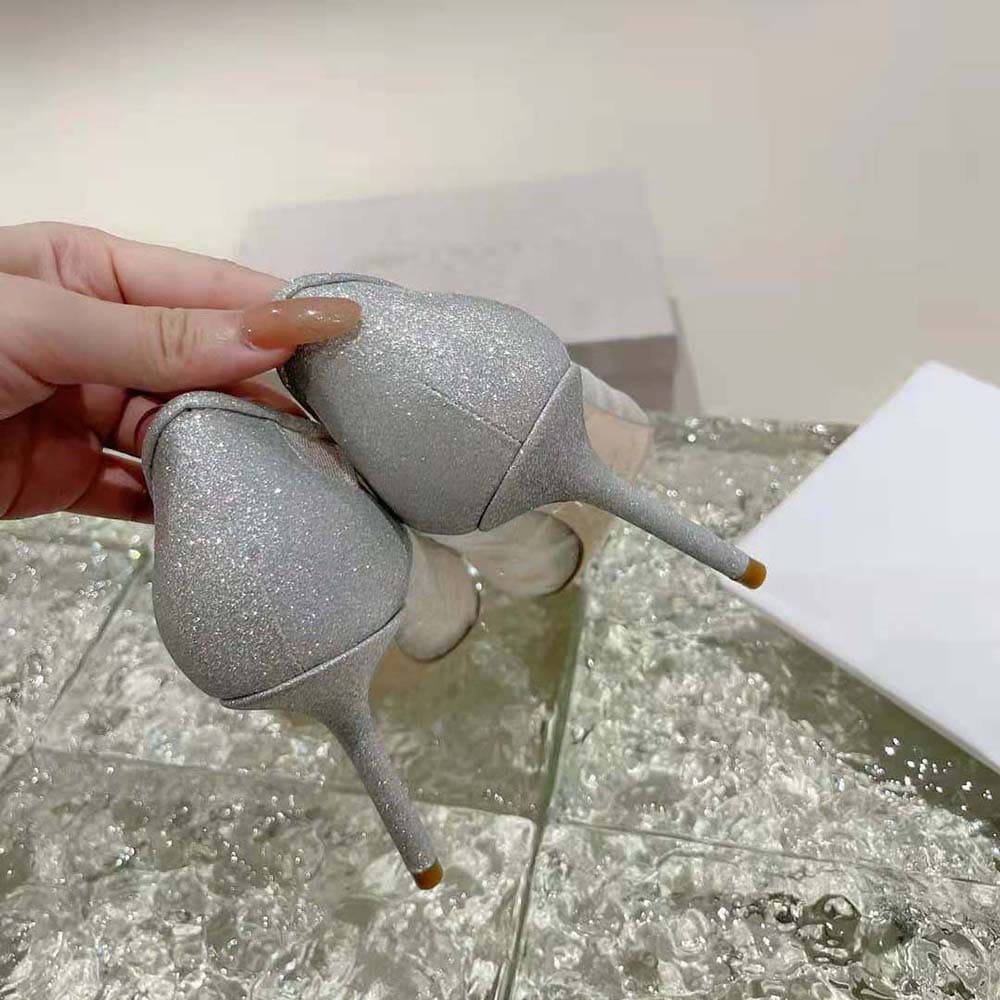 GIÀY Jimmy Choo Women Love 100 Metallic Silver Glitter Fabric Pumps with Ivory Tulle Overlay