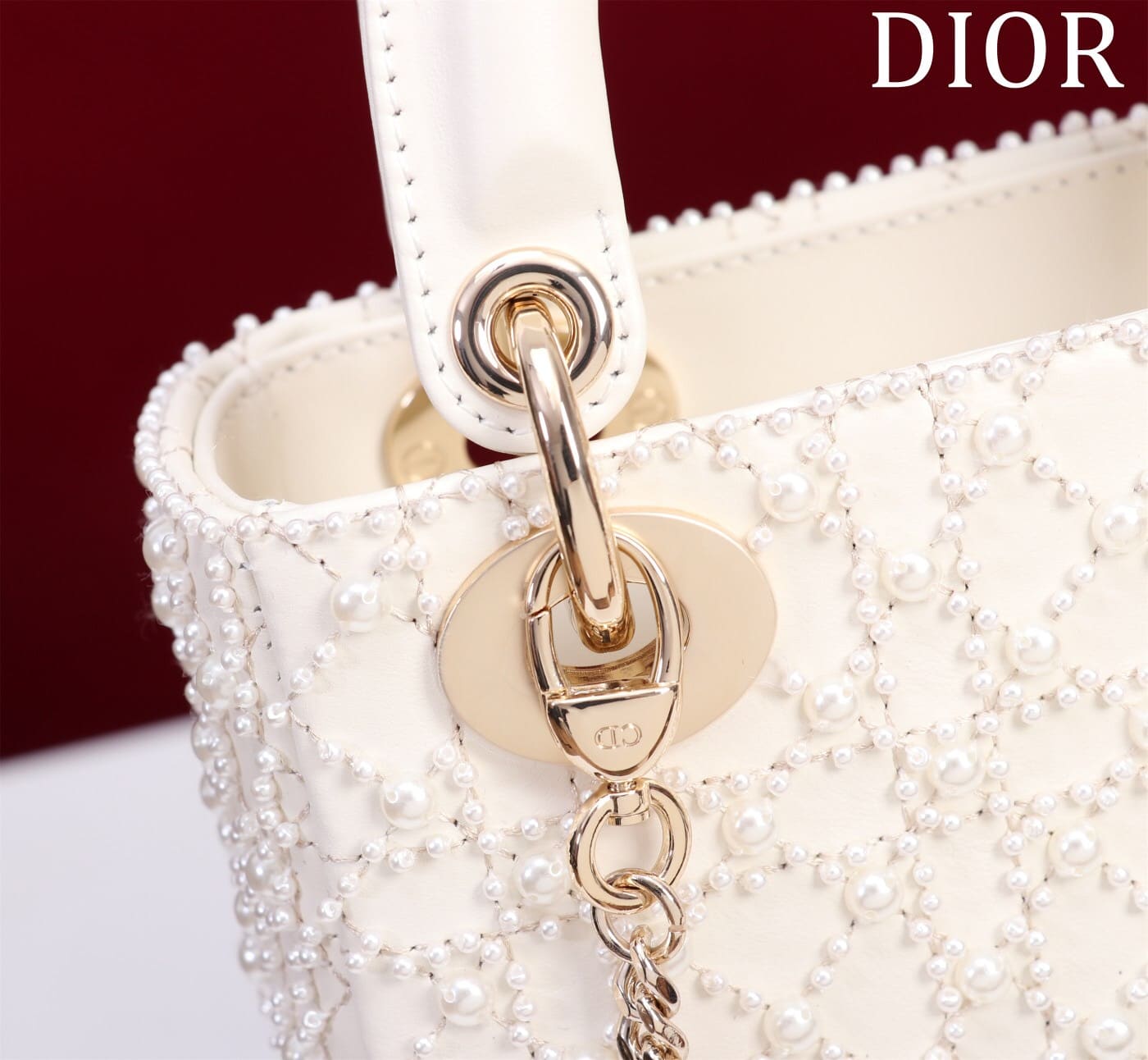 TÚI CHRISTIAN DIOR LADY DIOR Cannage Calfskin with Platinum Beaded Pearl Embroidery White
