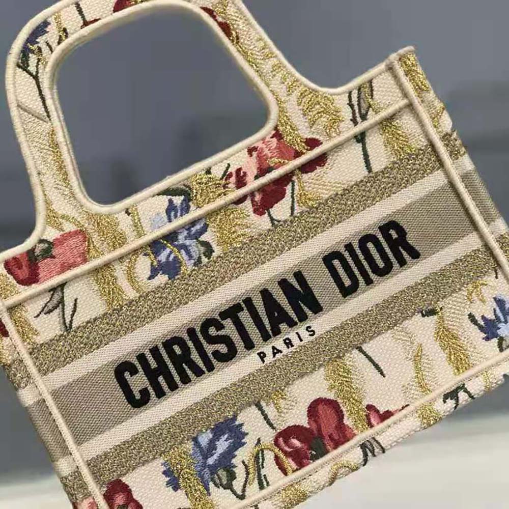 TÚI Dior Women Mini Dior Book Tote Multicolor Mille Fleurs Embroidery