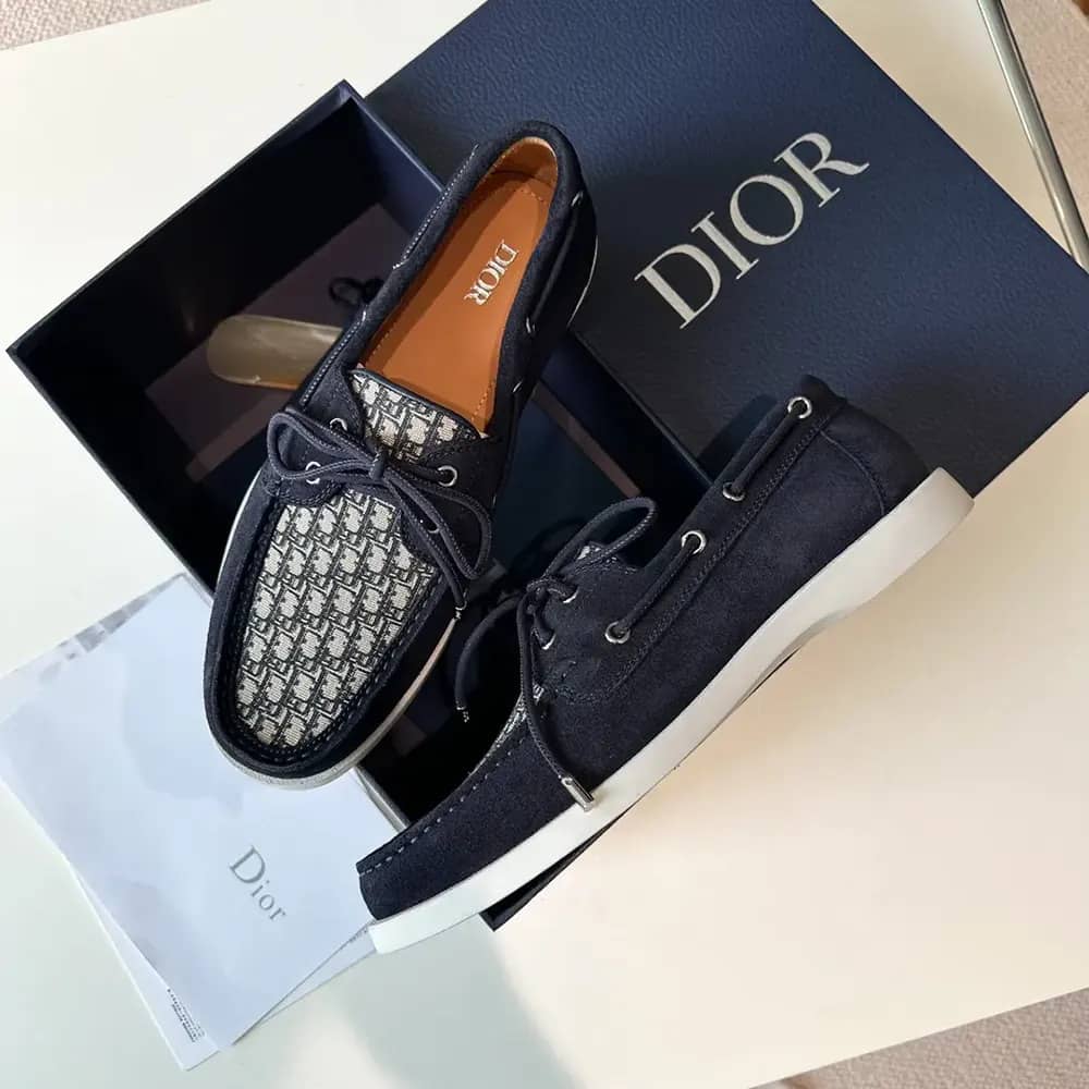 GIÀY DIOR Granville Boat Shoe Navy Blue Suede with Beige and Black Dior Oblique Jacquard