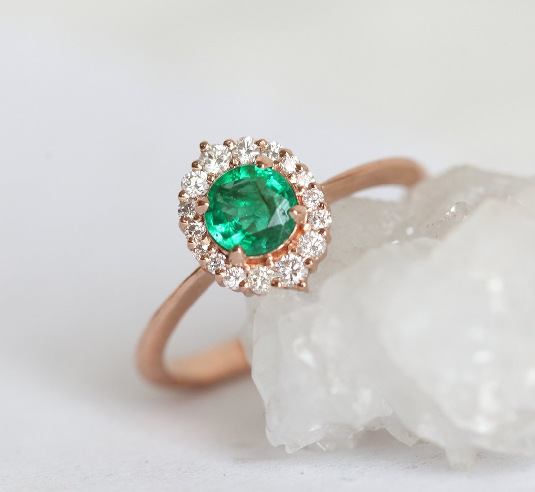 ROSE GOLD EMERALD RING DIAMOND HALO EMERALD ENGAGEMENT RING