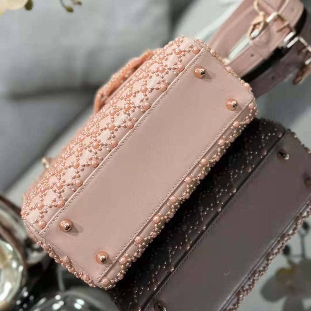TÚI Dior Women Small Lady Dior Bag Rose Des Vents Cannage Calfskin Embroidered with Resin Pearls