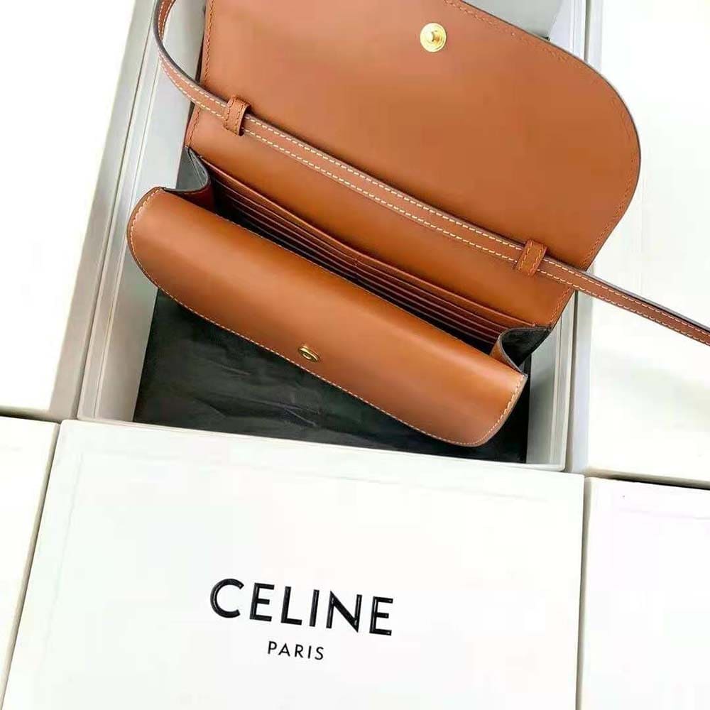 Ví Celine Women Wallet on Strap in Triomphe Canvas and Smooth Lambskin-Tan