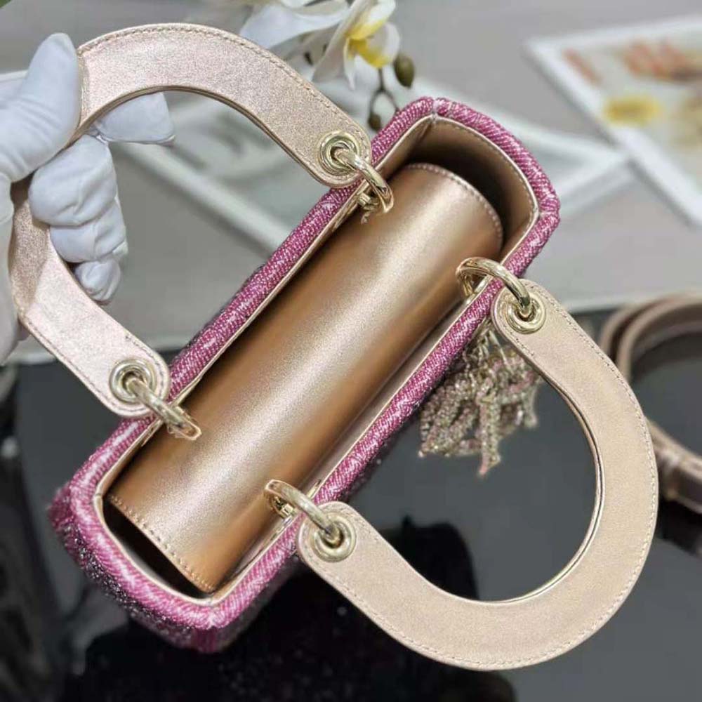 TÚI Dior Women Small Lady Dior Bag Metallic Calfskin and Satin with Rose Des Vents Resin Pearl Embroidery