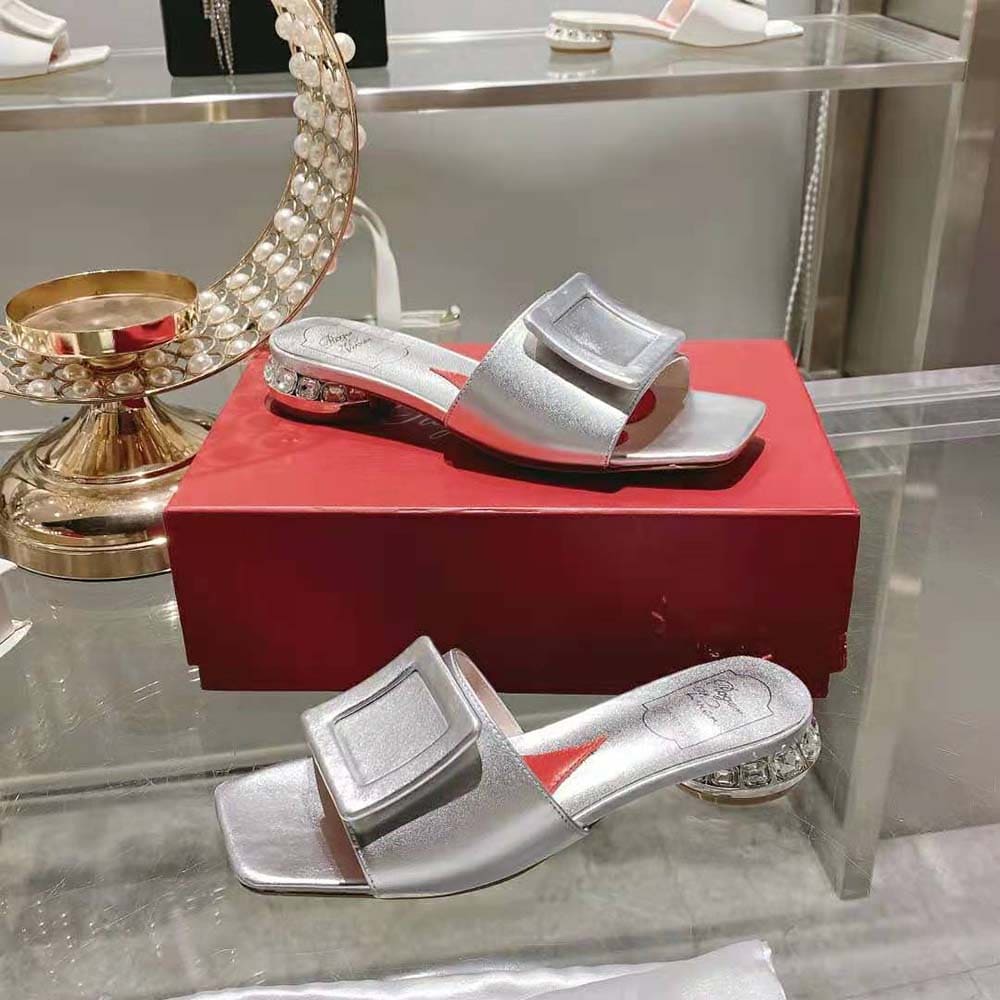 DÉP Roger Vivier Women Strass Heel Covered Buckle Mules in Leather Silver