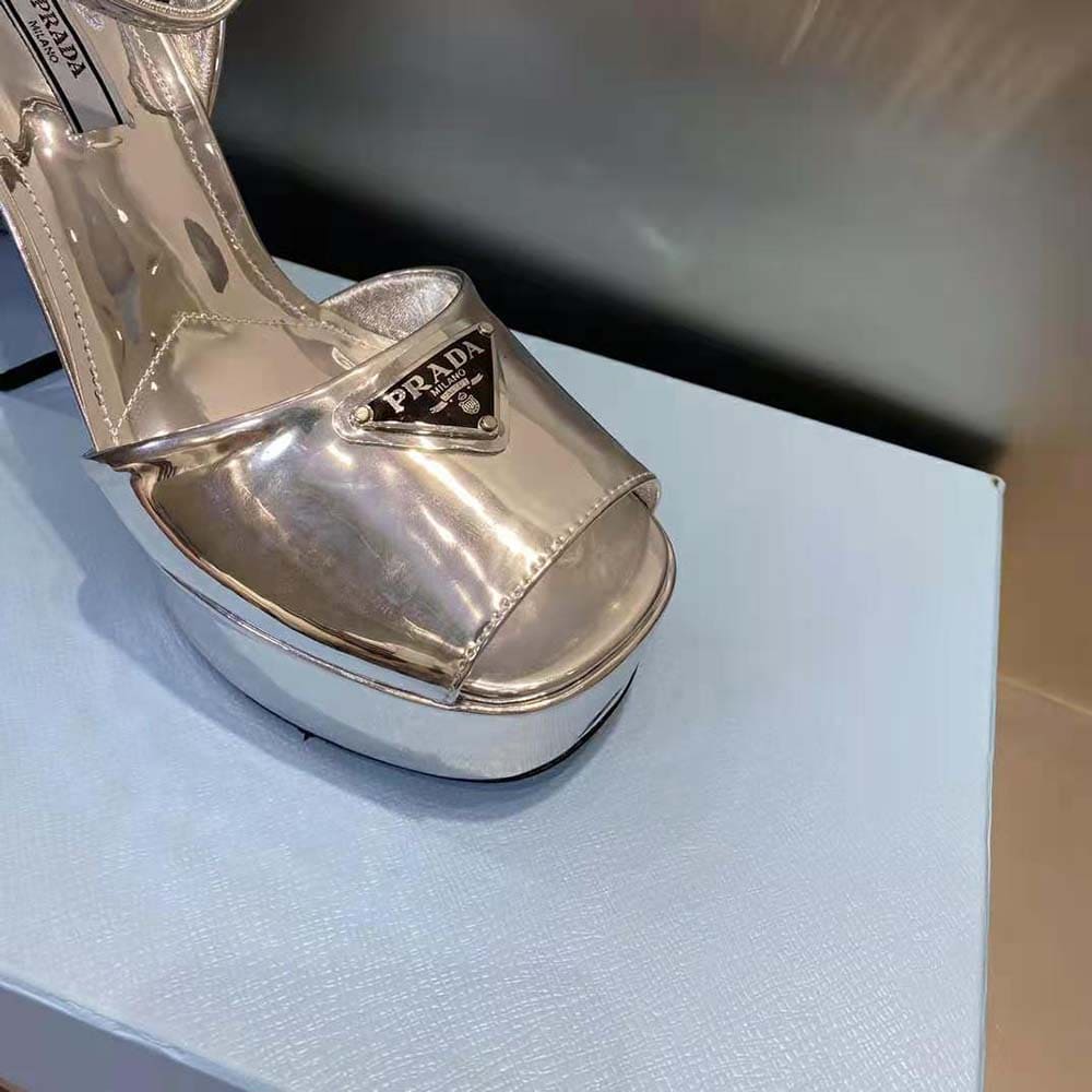 GIÀY Prada Women Metallic Leather Platform Sandals-Silver