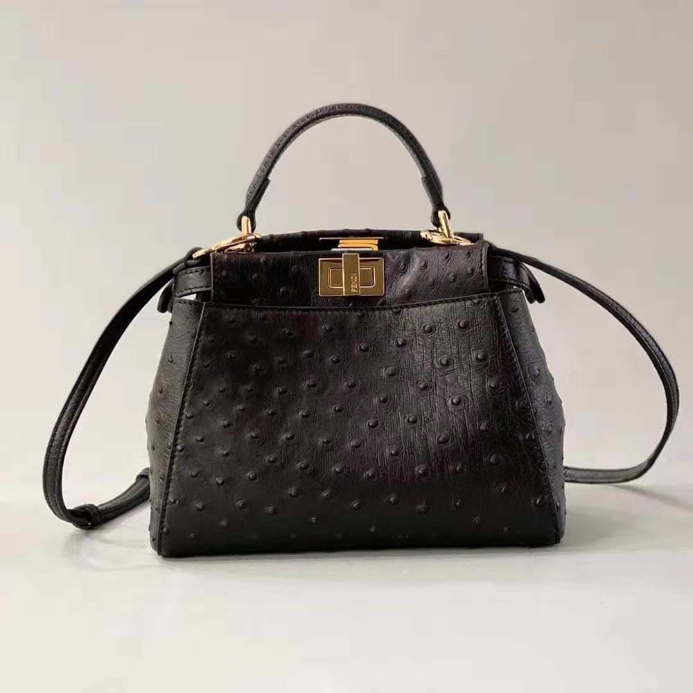 TÚI FENDI Women Peekaboo Iconic Mini Brown Ostrich Leather Bag DA ĐÀ ĐIỂU