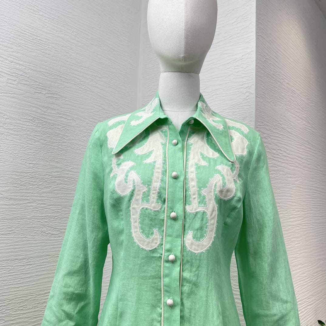 VÁY ZIMMERMANN Mint Green Turn Down Collar Linen Mini Dress High Classy