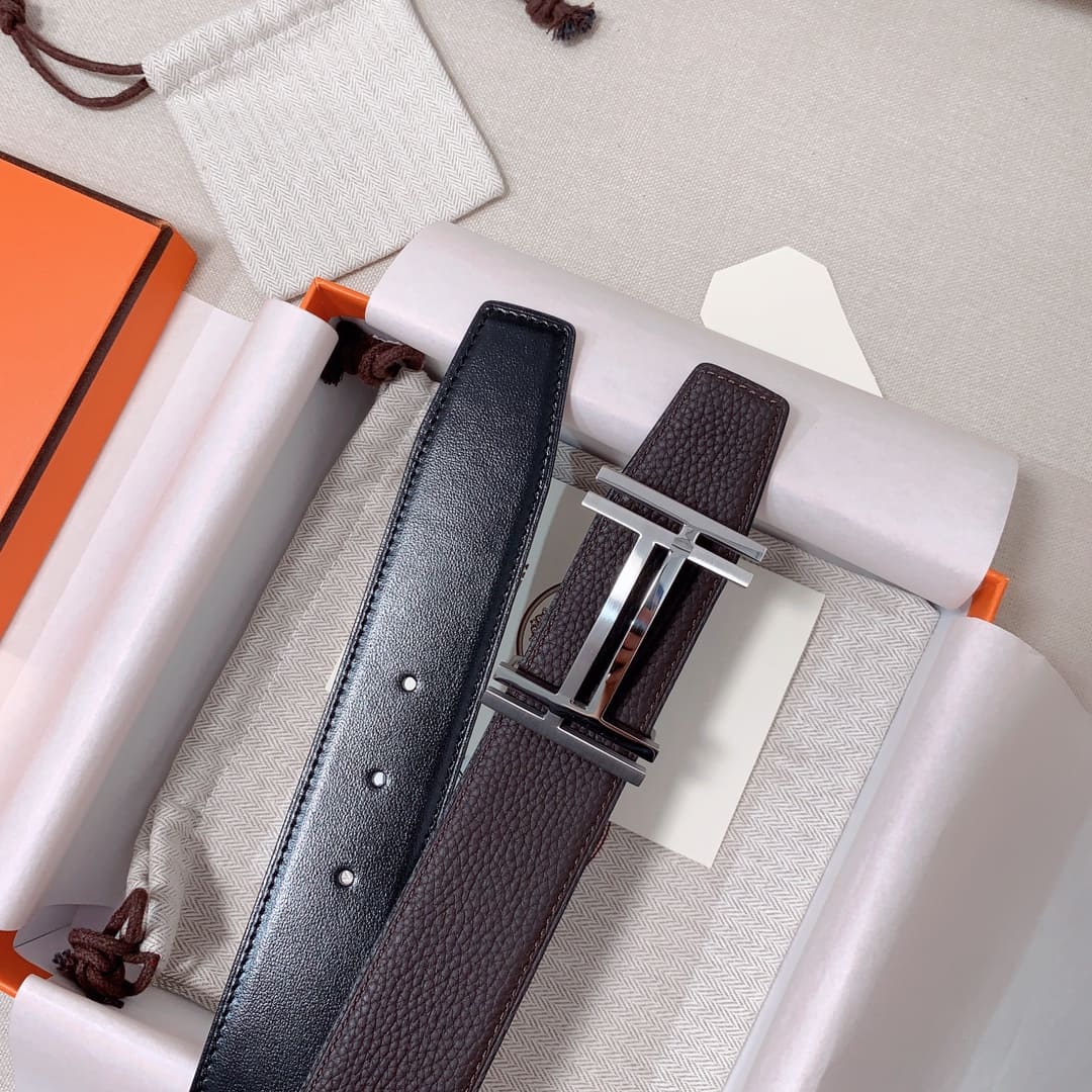 DÂY LƯNG HERMES Double H Matte Black Togo leather hai mặt khóa bạc