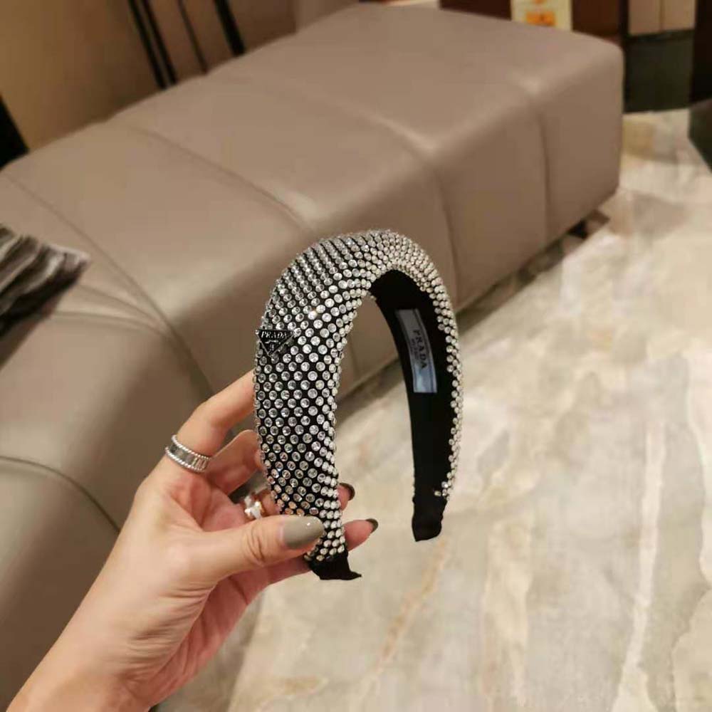 Bờm tóc Prada Oversized Embellished Satin Headband with Heat-Bonded Crystals