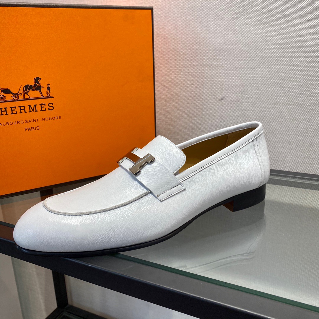 GIÀY HERMES LEATHER WHITE LOAFER SHOES