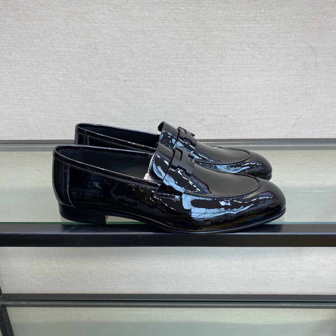 GIÀY HERMES GLOSS LEATHER BLACK LOAFER SHOES