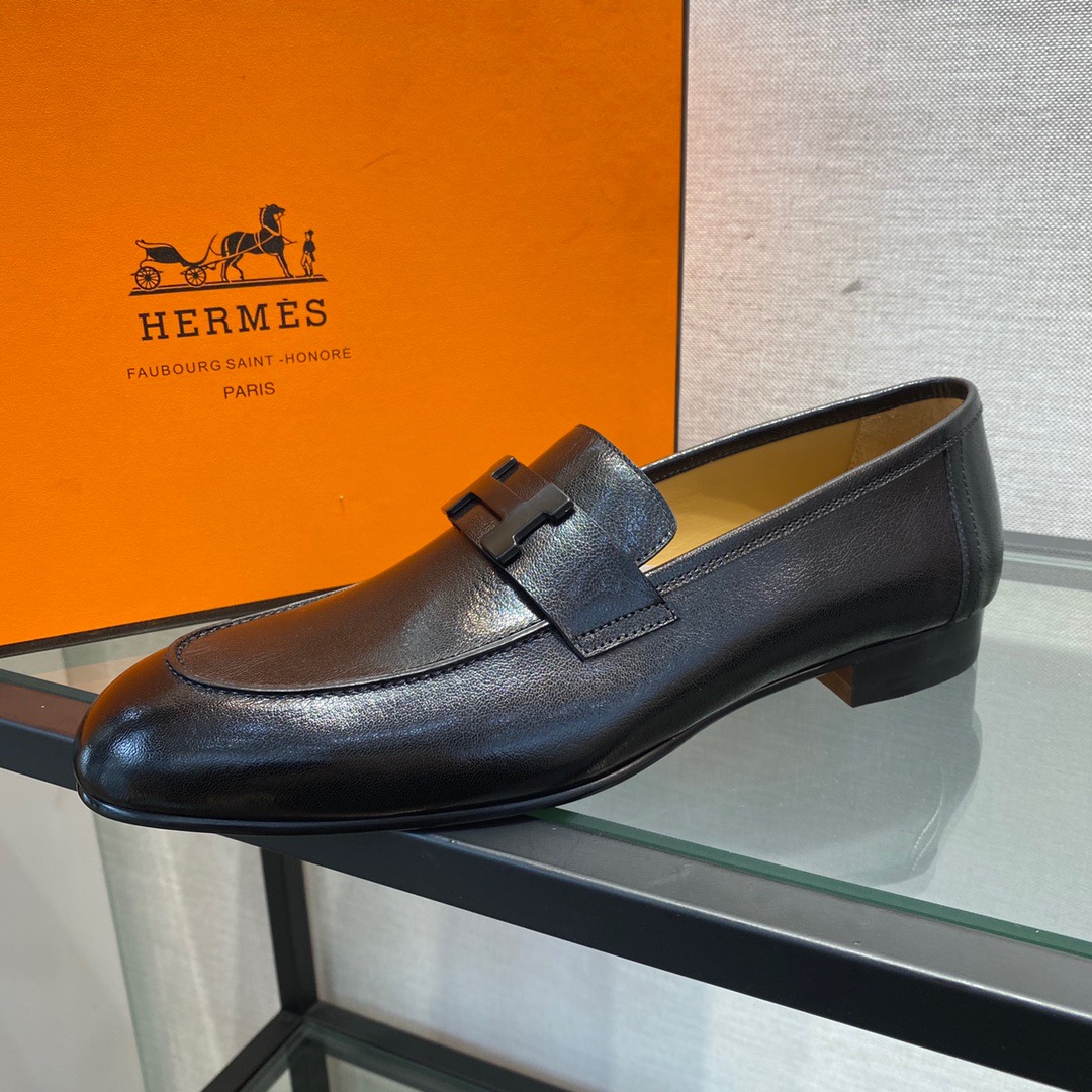 GIÀY HERMES LEATHER BLACK LOAFER SHOES