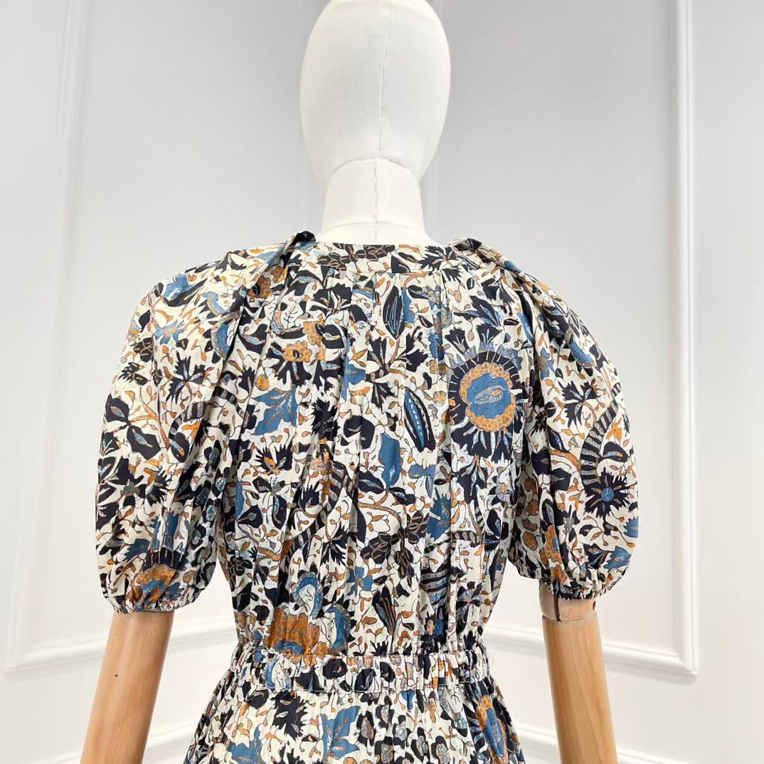 VÁY CAMILLA Summer Vacation Original V-Neck Floral Cotton Balloon Sleeve Midi Dress High Classy