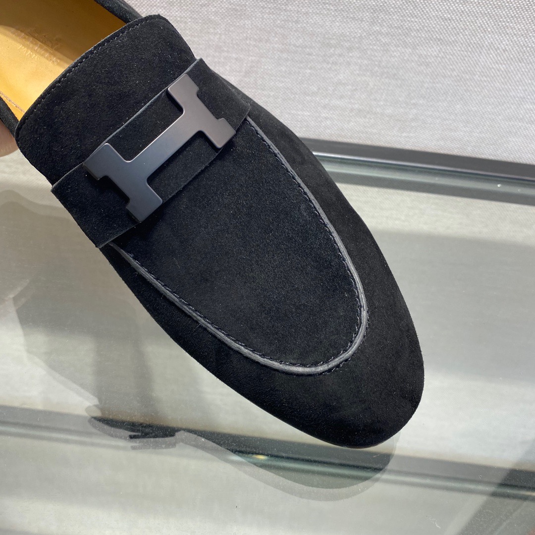 GIÀY HERMES SUEDE LEATHER BLACK LOAFER SHOES