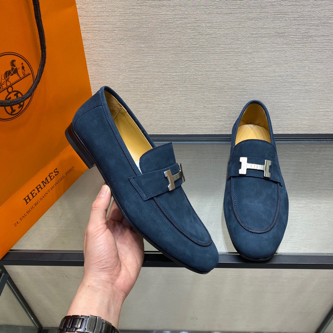 GIÀY HERMES SUEDE LEATHER BLUE LOAFER SHOES