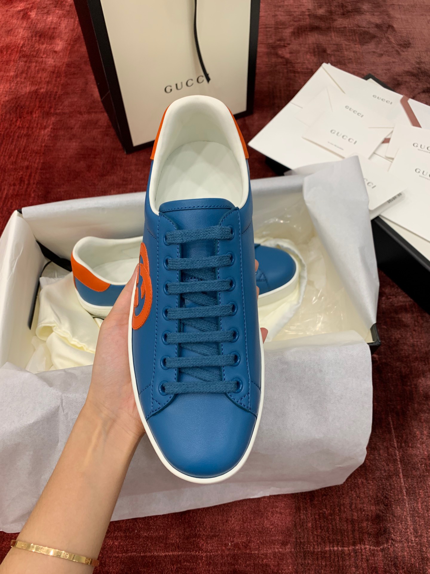 GIÀY GUCCI Leather Ace Sneakers Interlocking GG Blue