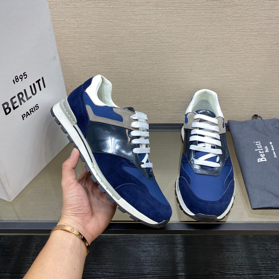GIÀY BERLUTI Leather and Suede Blue Grey Sneaker shoes