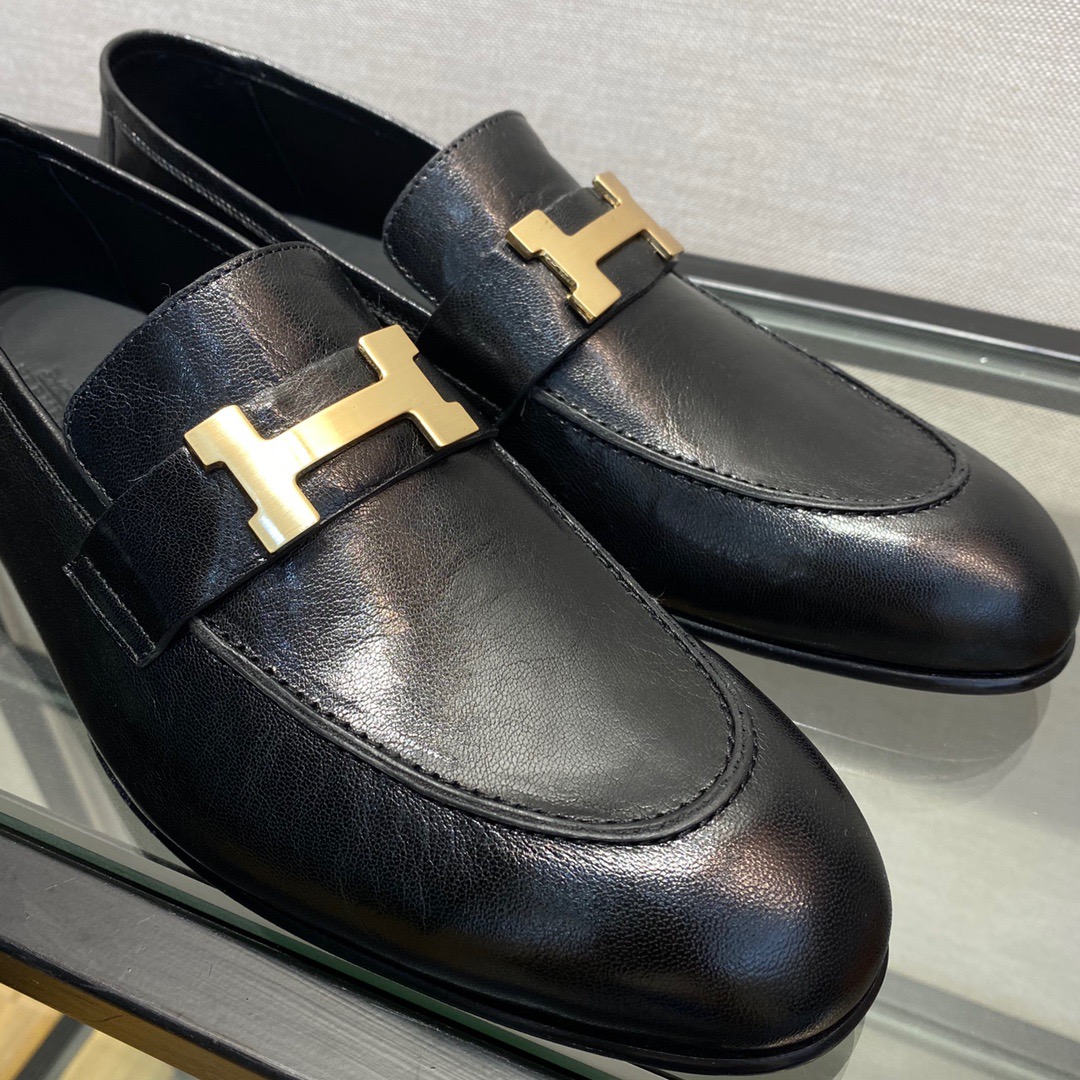 GIÀY HERMES LEATHER BLACK LOAFER SHOES