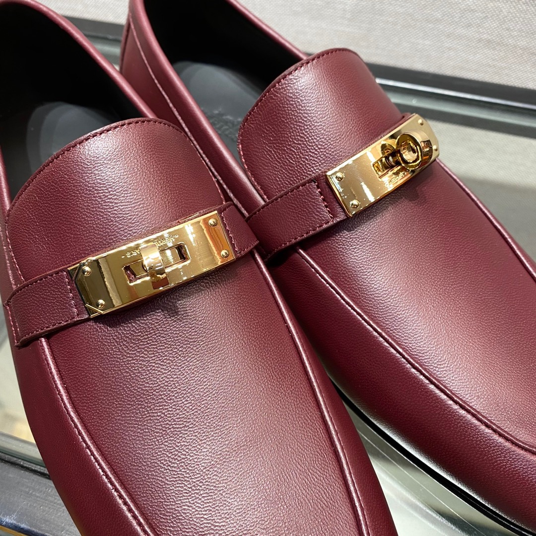 GIÀY HERMES KELLY LEATHER BURGUNDY LOAFER SHOES