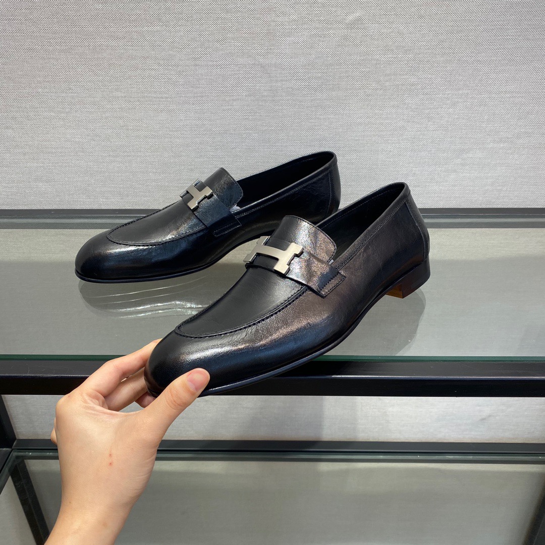 GIÀY HERMES LEATHER BLACK LOAFER SHOES