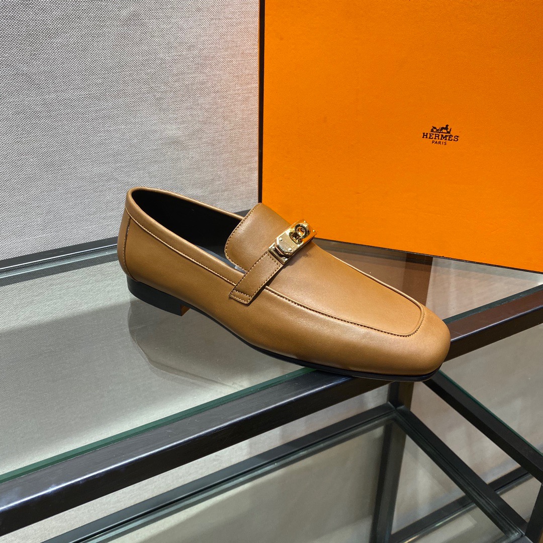 GIÀY HERMES KELLY LEATHER BROWN LOAFER SHOES