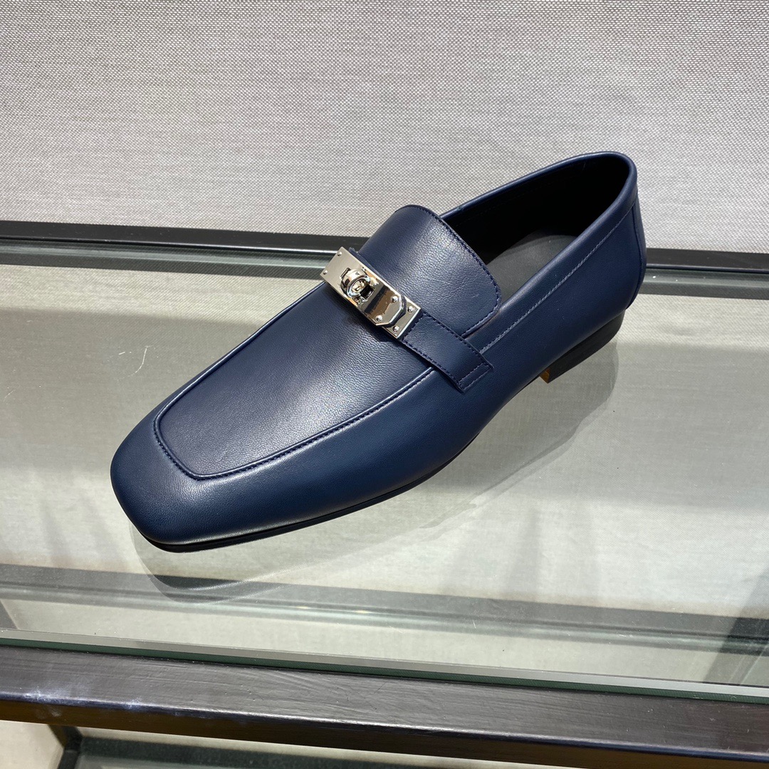 GIÀY HERMES KELLY LEATHER BLUE LOAFER SHOES
