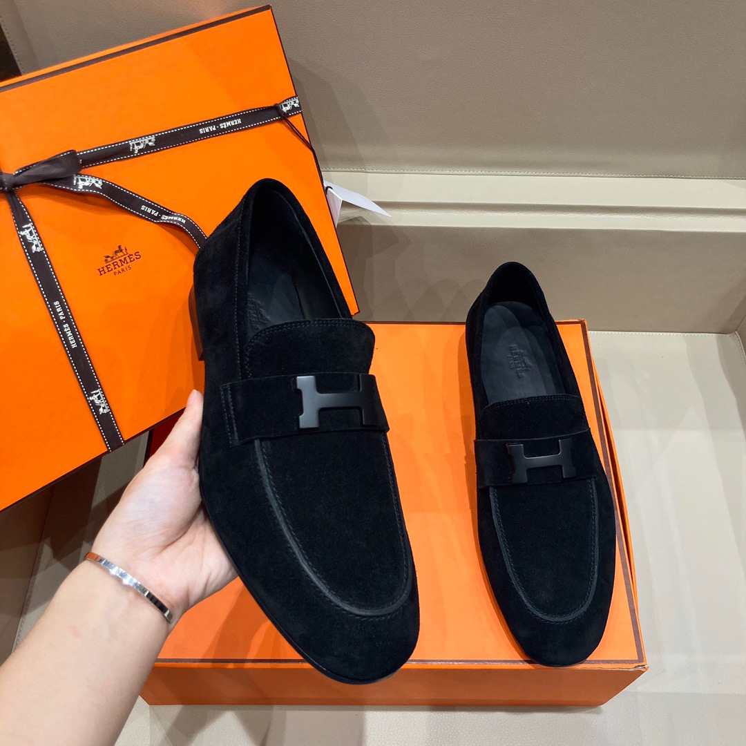 GIÀY HERMES SUEDE LEATHER BLACK LOAFER SHOES