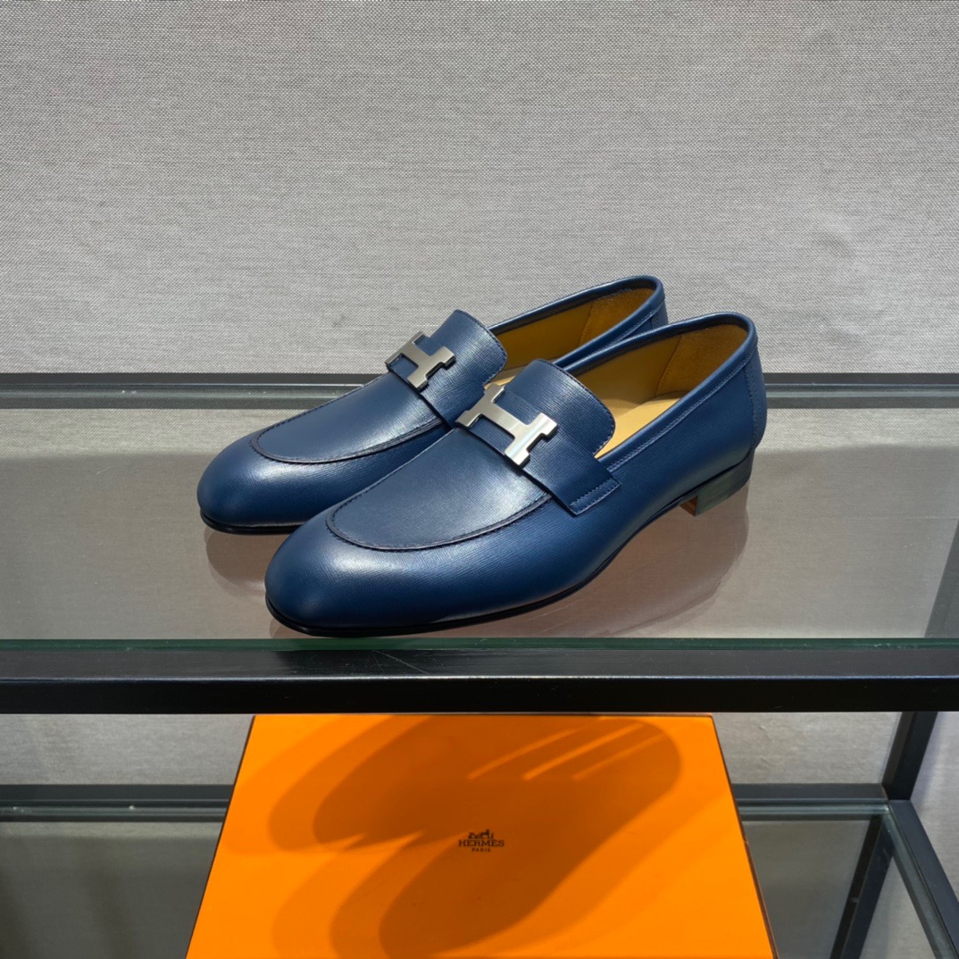 GIÀY HERMES LEATHER BLUE LOAFER SHOES
