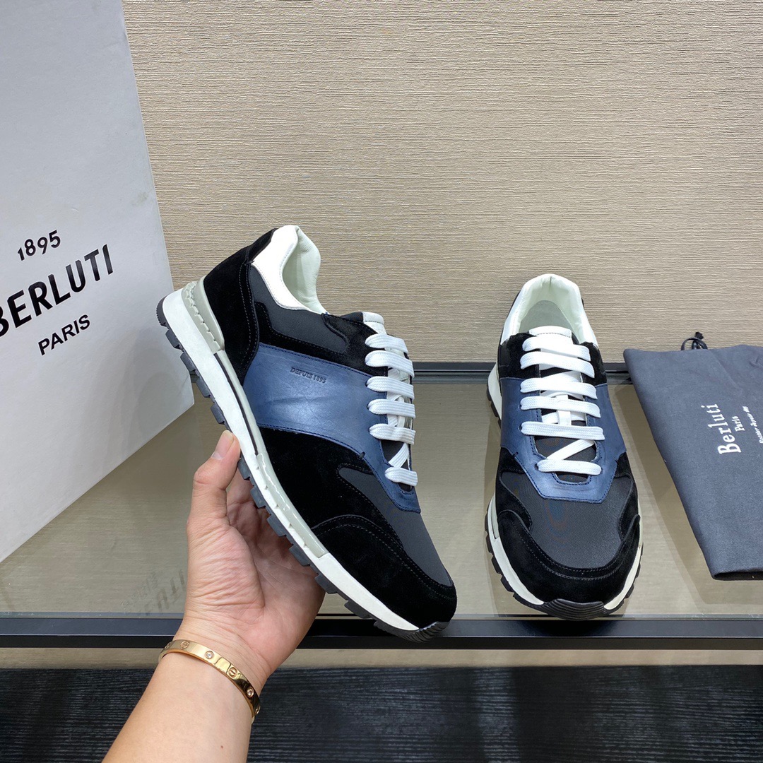 GIÀY BERLUTI Leather and Suede Black  Blue Sneaker shoes