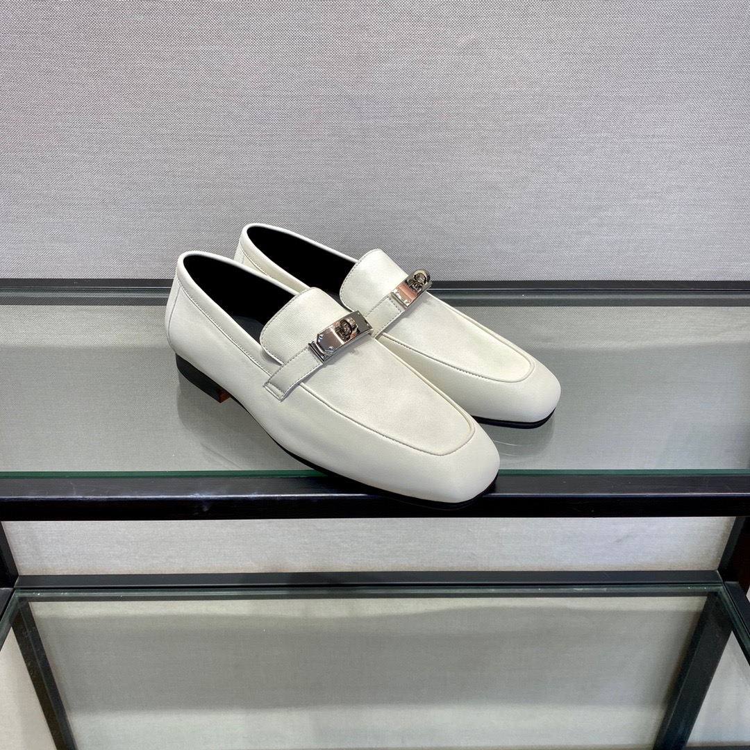 GIÀY HERMES KELLY LEATHER WHITE LOAFER SHOES