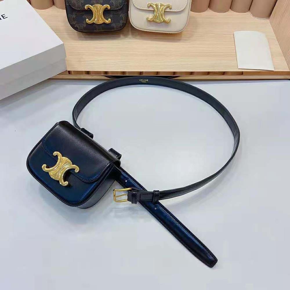 TÚI Celine Women Belt Bag Triomphe Belt in Shiny Calfskin-Black