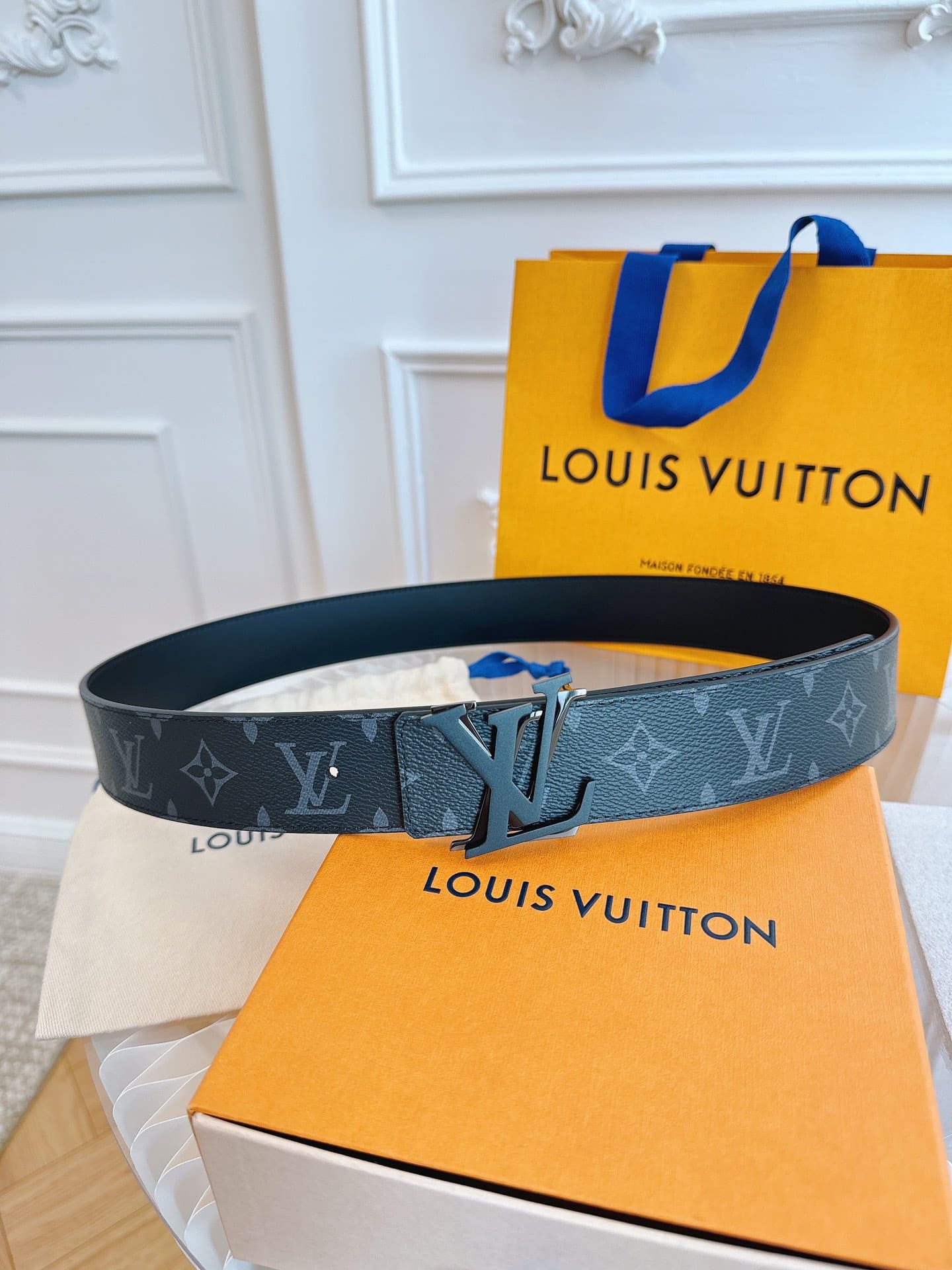 LƯNG LOUIS VUITTON DOUBLE LV BLACK MONOGRAM LEATHER Khóa bạc