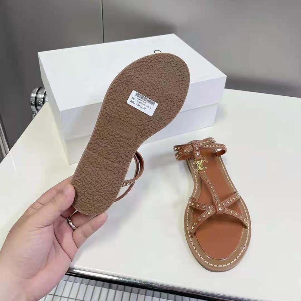 DÉP SANDALS Celine Women Taillat Flat Sandal with Studs in Calfskin – Vegetal Tanning & Studs-Brown
