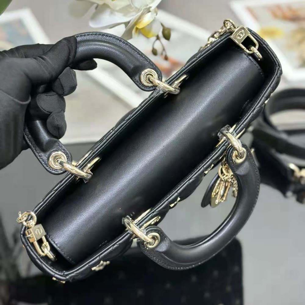 TÚI Dior Women Medium Lady D-joy Bag Black Cannage Lambskin with Gold-Finish Butterfly Studs
