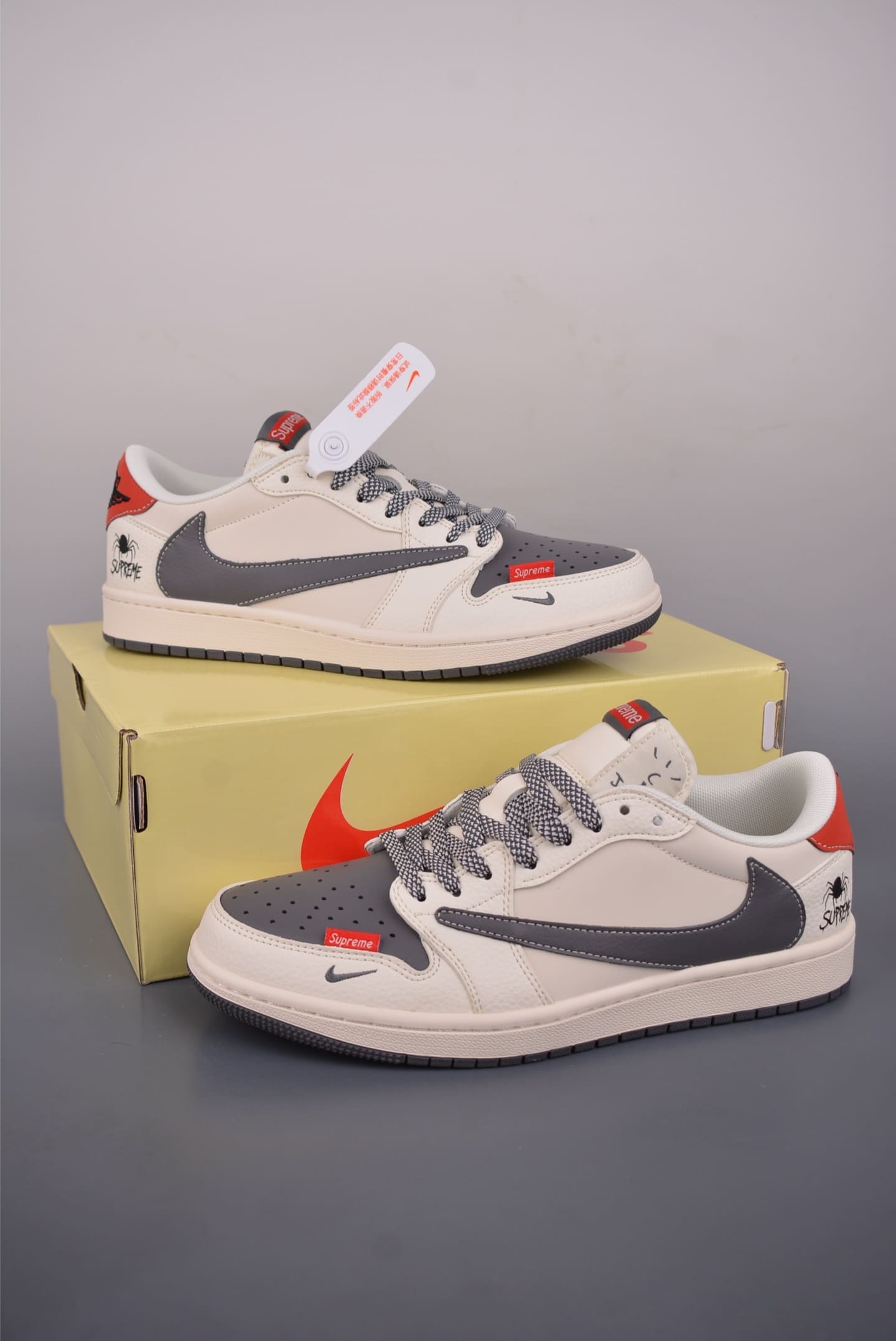 GIÀY SUPREME X TRAVIS SCOTT X AIR JORDAN 1 LOW PHIÊN BẢN GIỚI HẠN NĂM NGỰA XÁM BE TOP QUALITY SHOES AAA