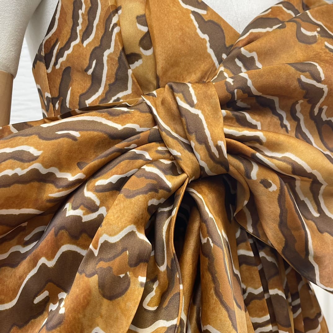 VÁY ZIMMERMANN Camel Tiger Striped Strapless Sleeveless Bow Midi Dress High Classy