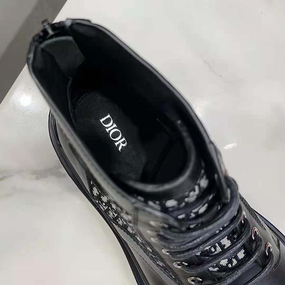 GIÀY Dior Explorer Ankle Boot Black Smooth Calfskin and Beige and Black Dior Oblique Jacquard