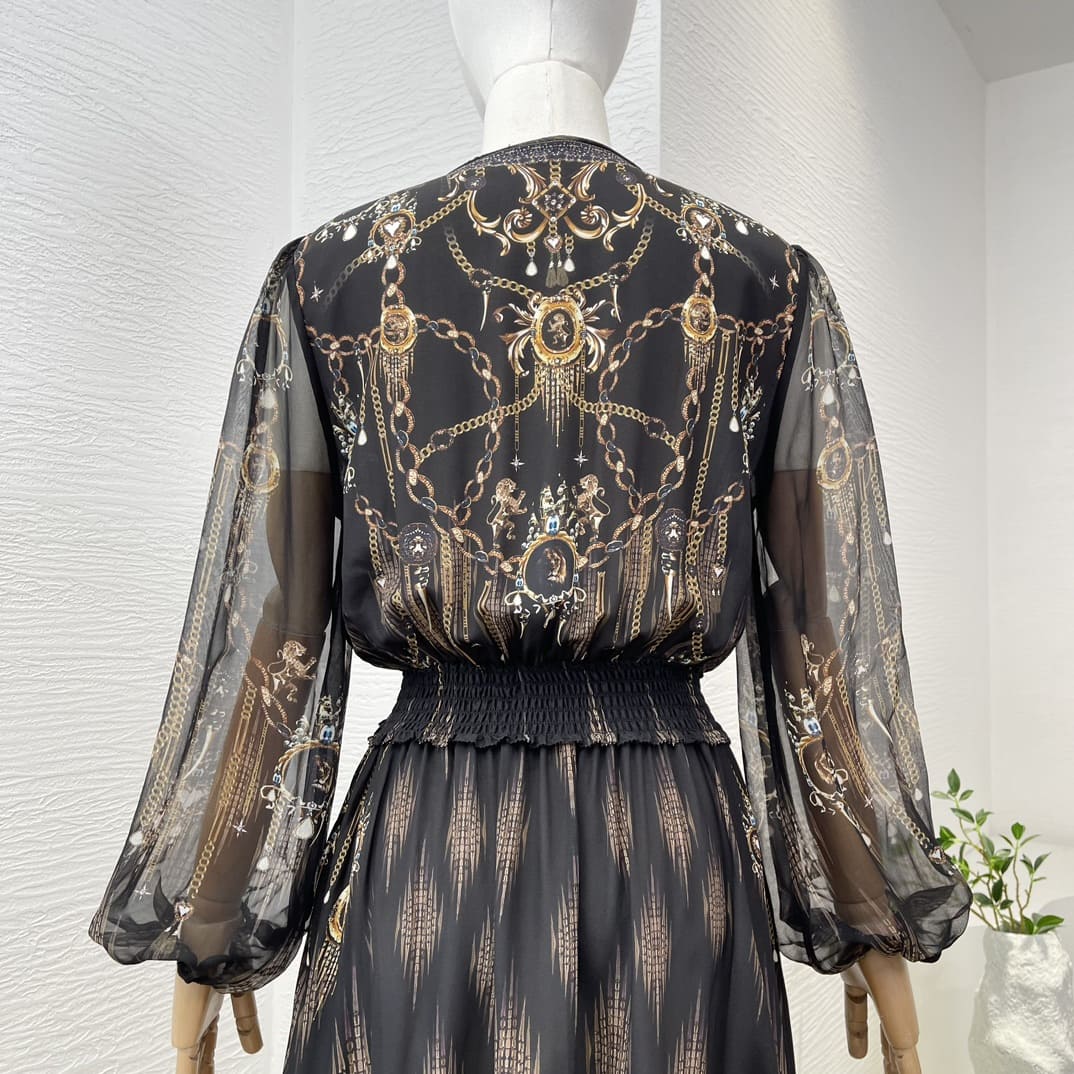 VÁY CAMILLA Vintage Black Leopard Print Midi Dress High Classy