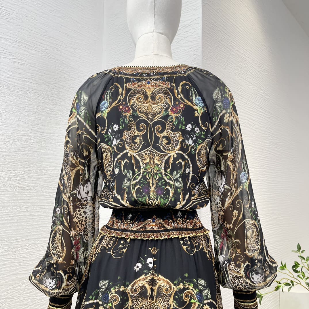 VÁY CAMILLA Original Black Floral Print Long Sleeve Midi Dress High Classy