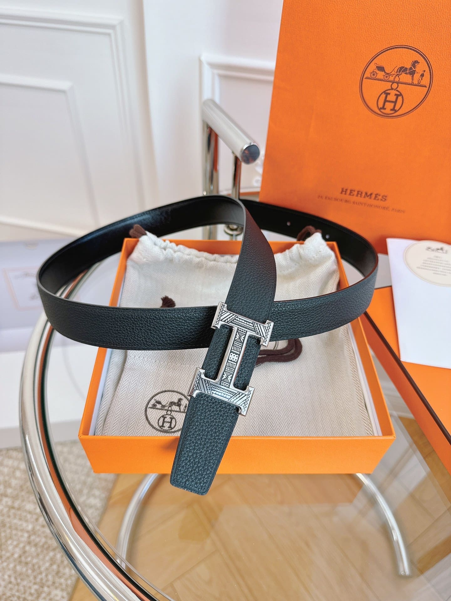 DÂY LƯNG HERMES H BLACK GRAY CALFSKIN leather hai mặt khóa bạc