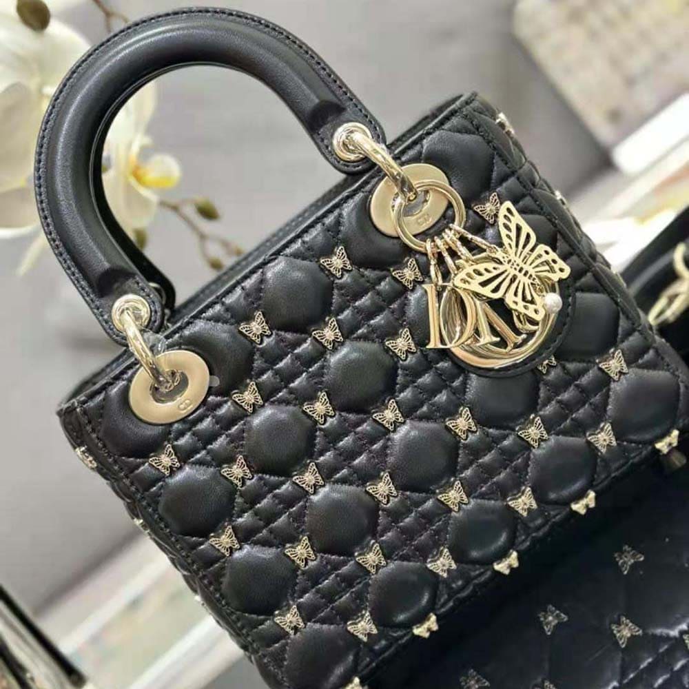 TÚI Dior Women Small Lady Dior Bag Black Cannage Lambskin with Gold-Finish Butterfly Studs