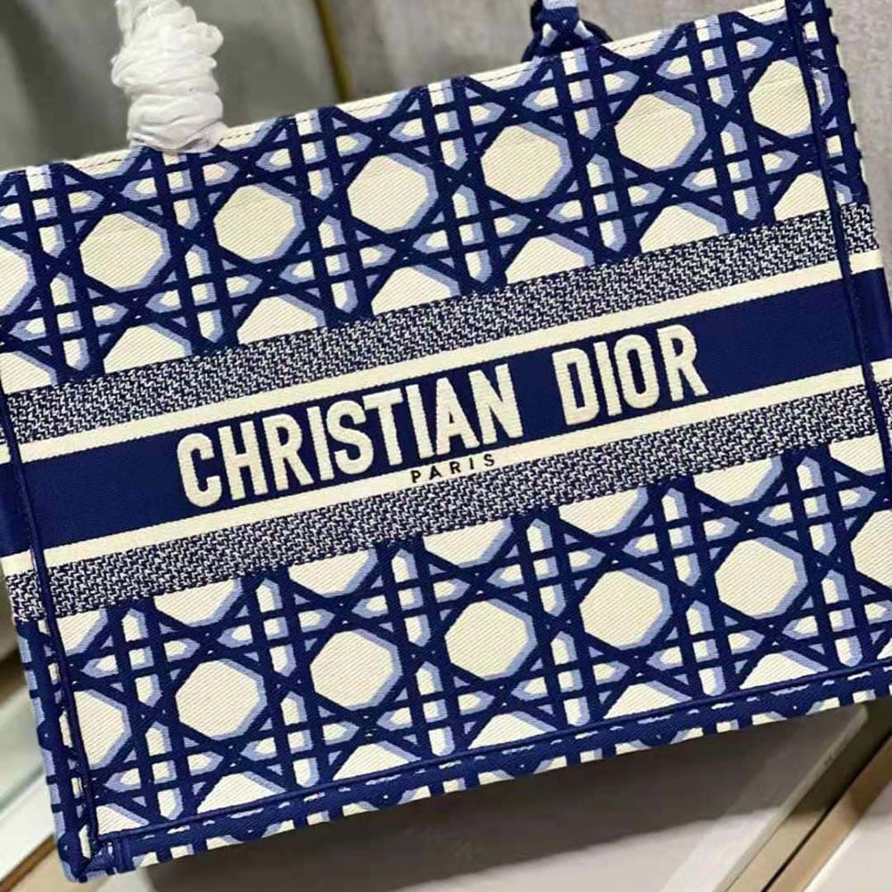 TÚI Dior Women Large Dior Book Tote Beige and Blue Macrocannage Embroidery