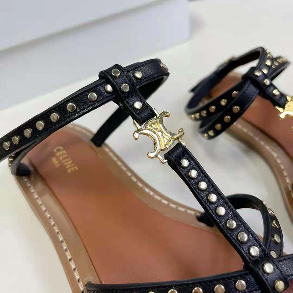DÉP SANDALS Celine Women Taillat Flat Sandal with Studs in Calfskin – Vegetal Tanning & Studs-Black