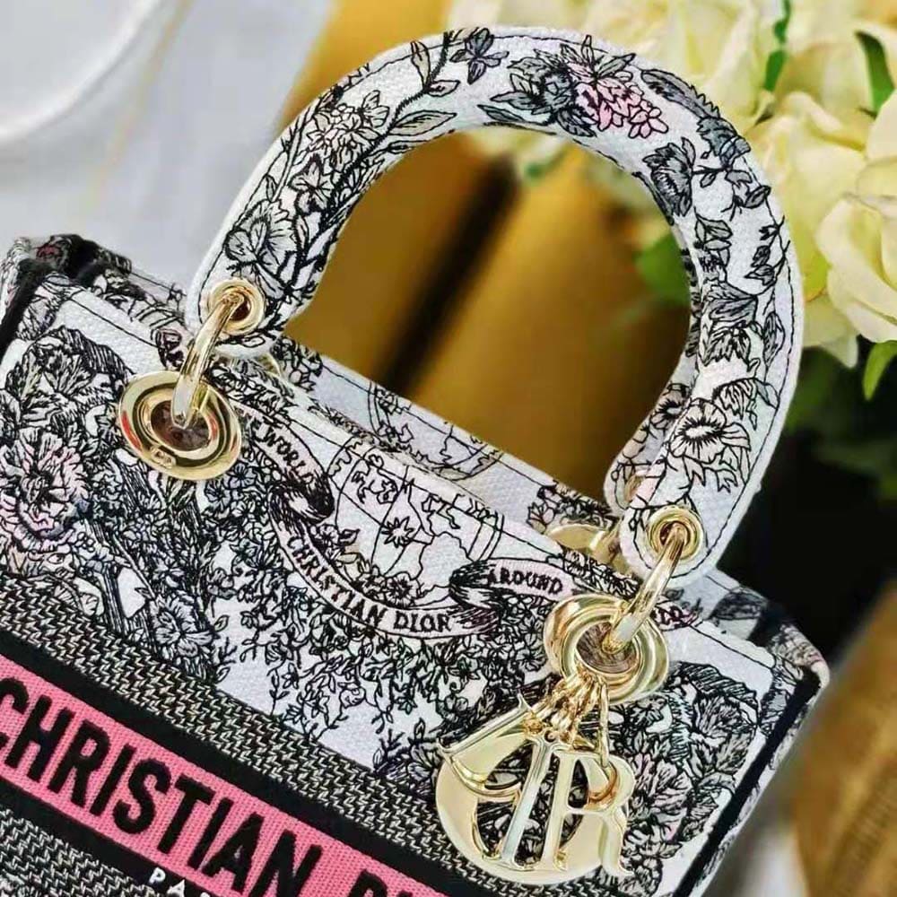 TÚI Dior Women Medium Lady D-lite Bag White and Pastel Pink Butterfly Around The World Embroidery