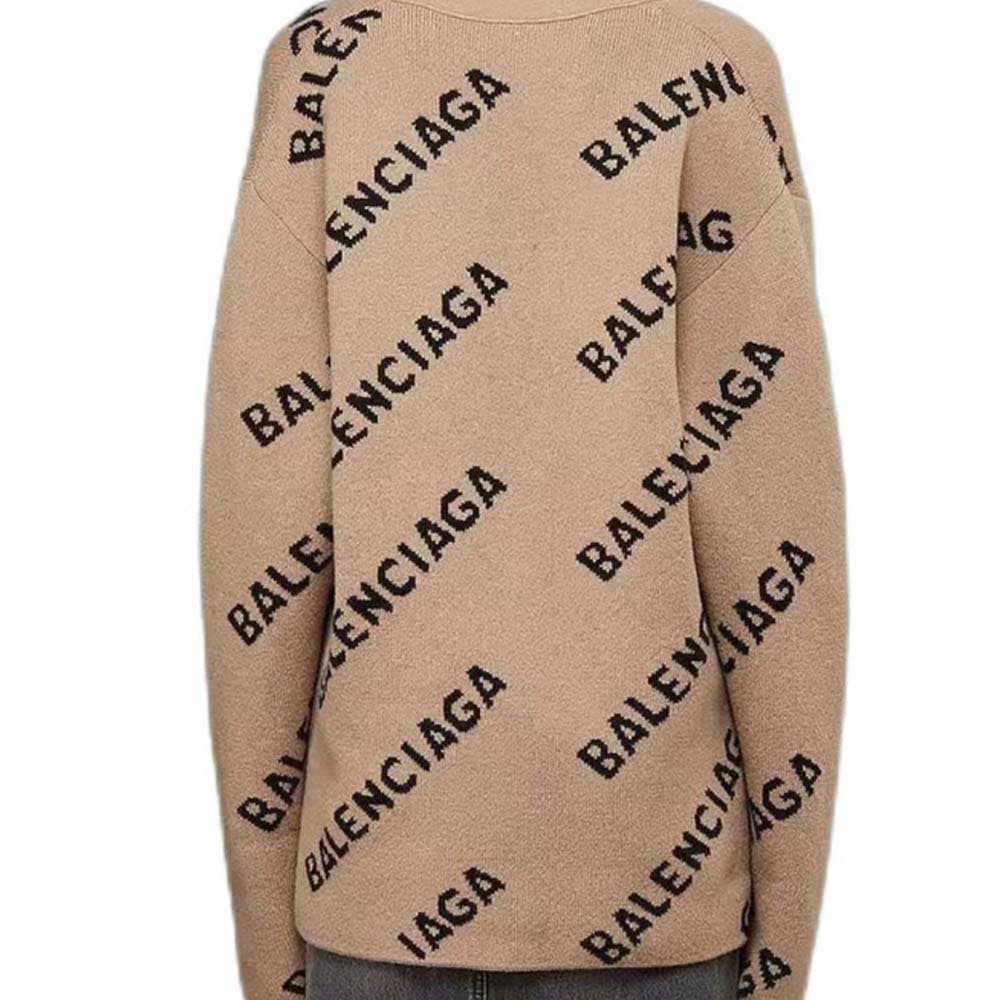 ÁO Balenciaga Women Mini Allover Logo Cardigan in Beige and Black Cotton Knit